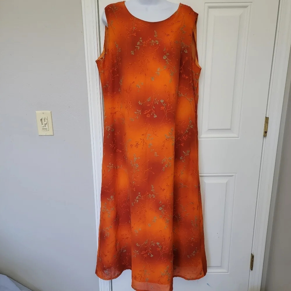 Imagio Orange Sleeveless Dress Bronze Floral Design Side Zip Lined Size 14